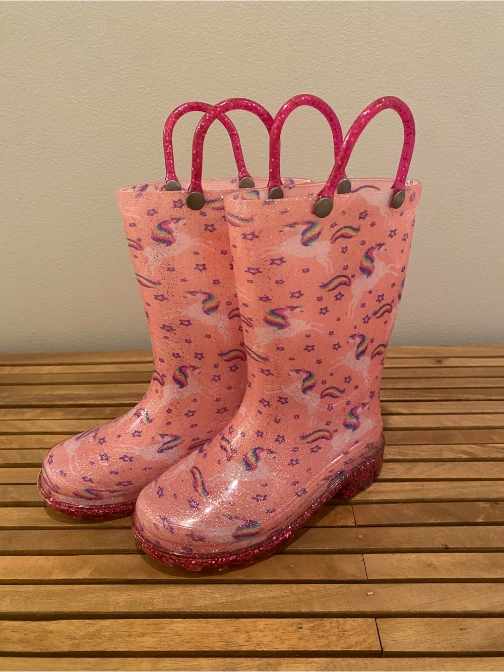Western Chief Pink Glitter Unicorn & Rainbow Kids Light Up Rain Boots